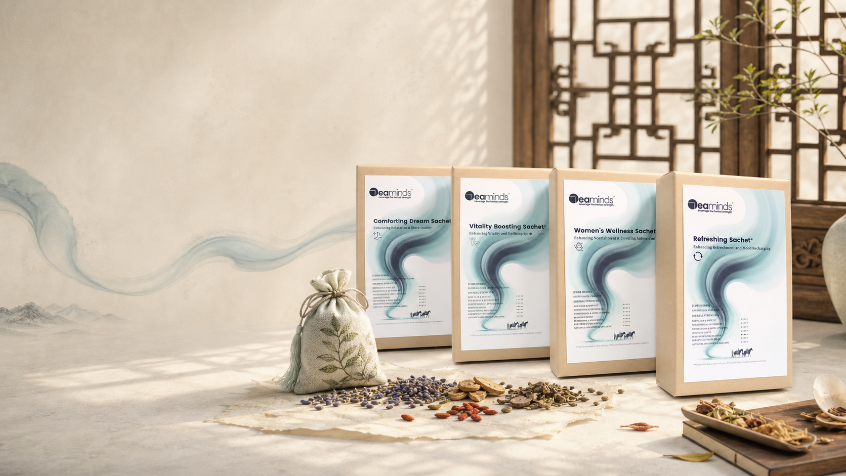 Four 7eaminds botanical sachet boxes, a textile sachet and aromatic botanicals in a Chinese-inspired interior